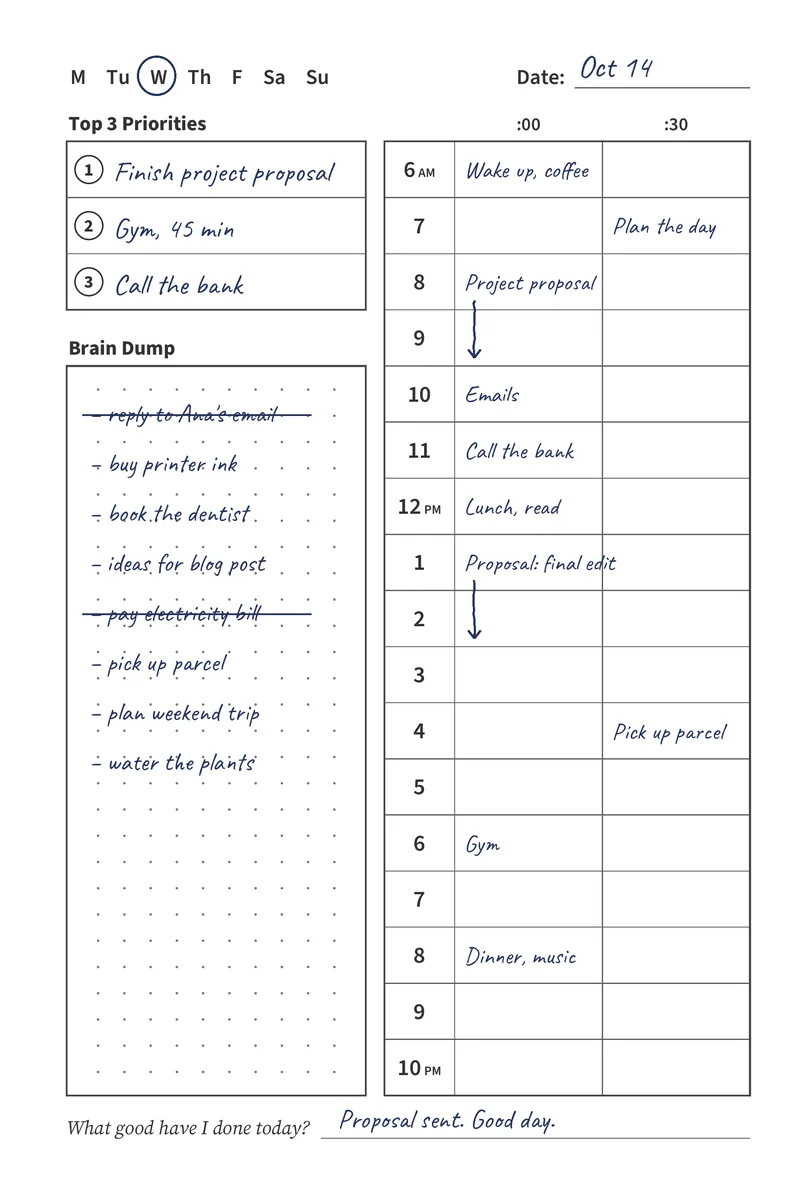 A full daily page filled in by hand