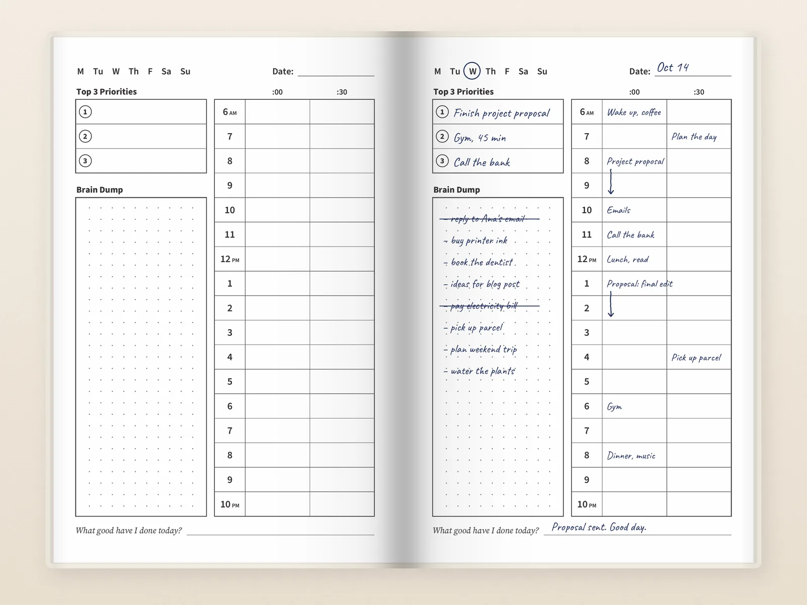 Open planner: a blank daily page next to a filled-in one with priorities, a brain dump and time boxes